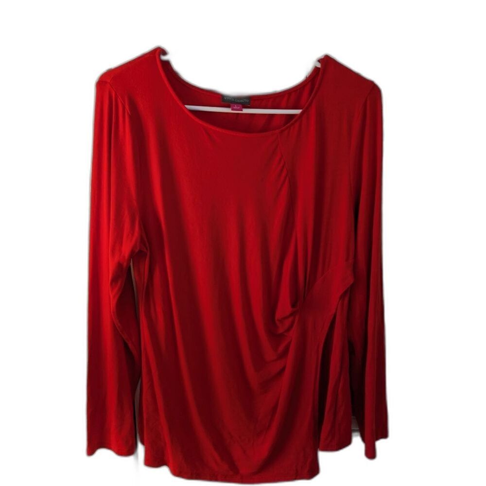 Vince Camuto Top Womens sz L Red Asymmetrical Long-Sleeve Knit Ruched Round Neck